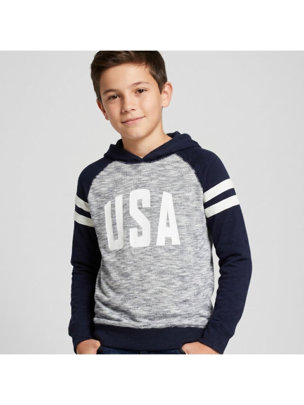 H&M Boy's USA Knitted Hoodie Sweater in Gray with Navy Blue in size 12-14
